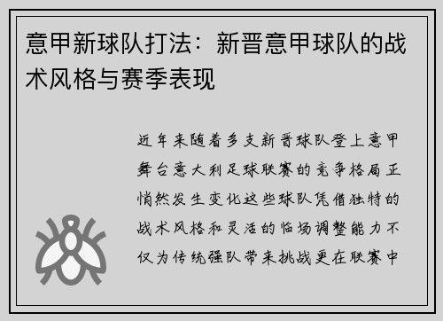 意甲新球队打法：新晋意甲球队的战术风格与赛季表现
